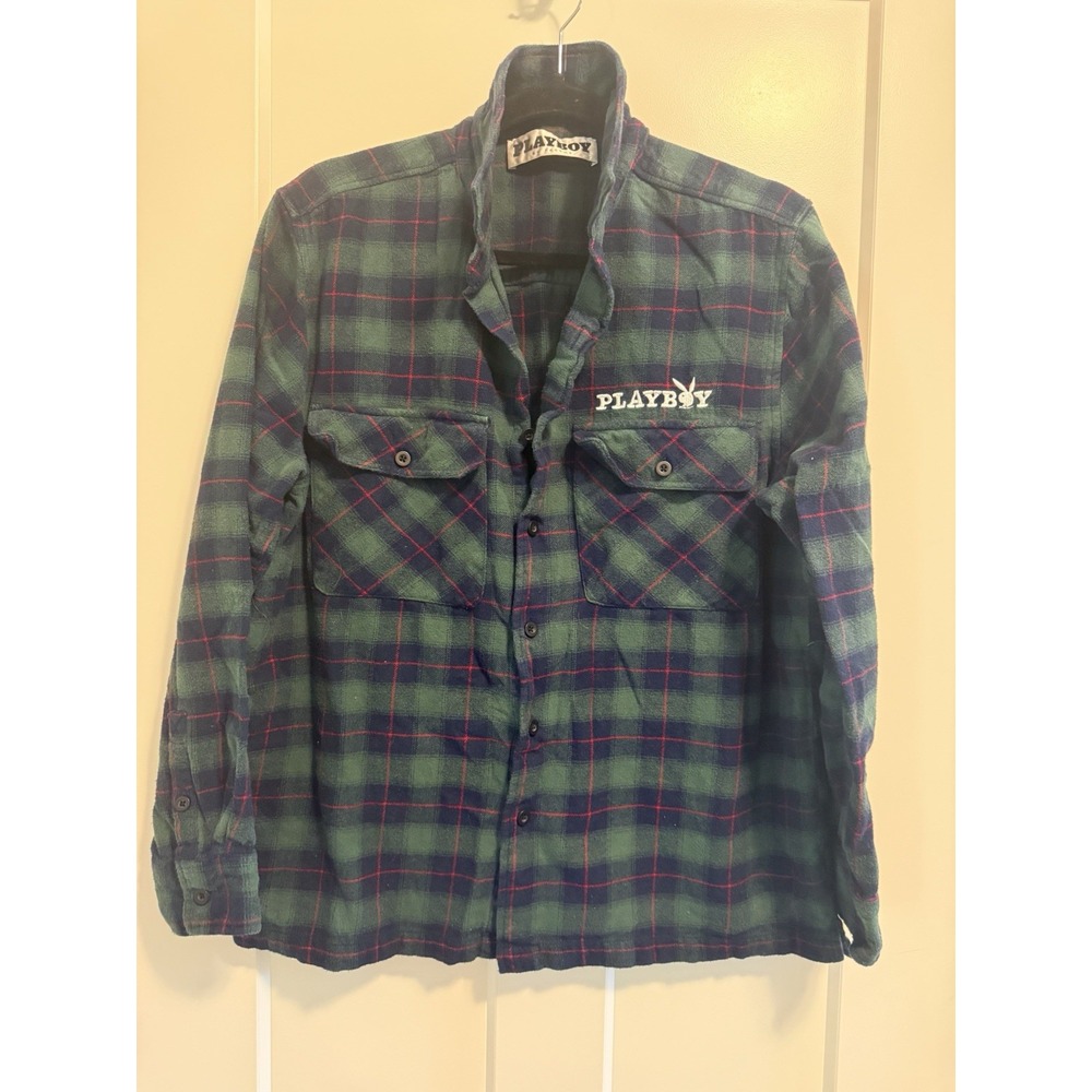 Playboy By Pacsun Cotton Flannel Shirt Size Medium Logo Blue Green Plaid EUC